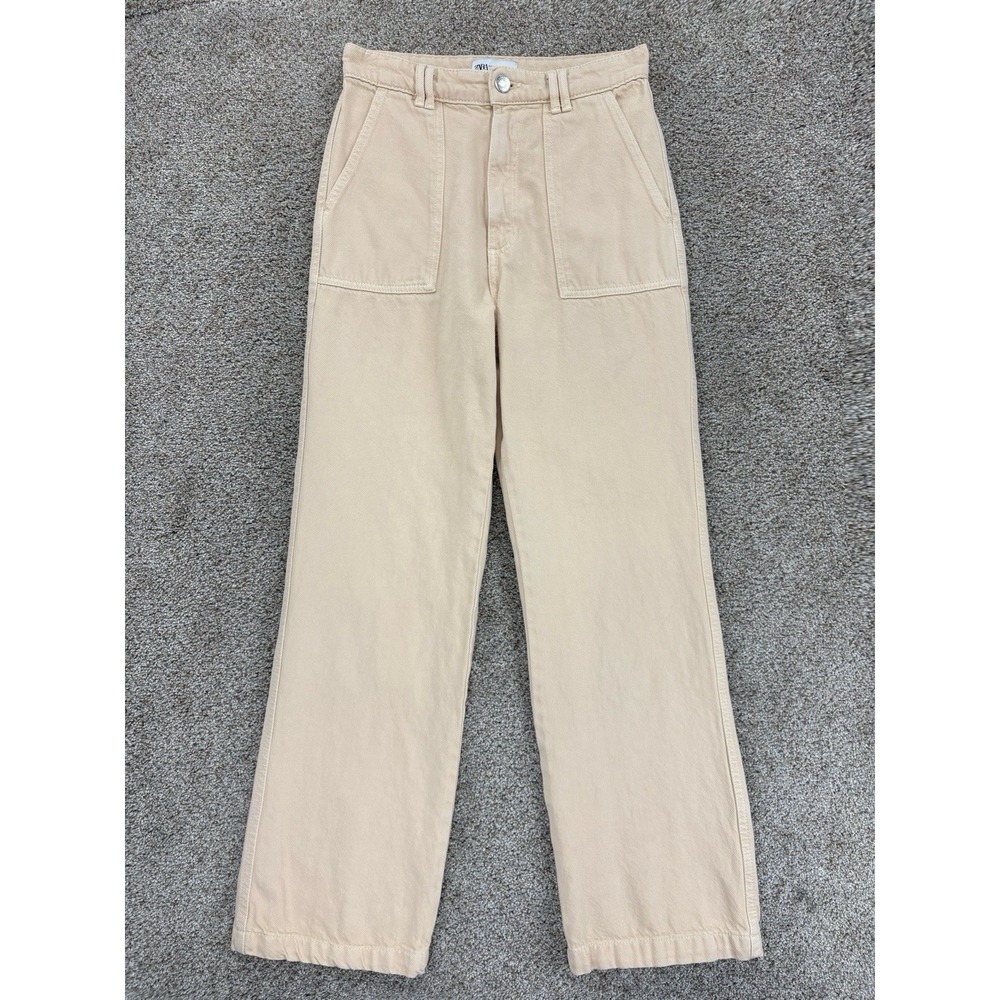 Zara Women High Waisted Wide Straight Utility Pant Women's S Beige Cream Cotton